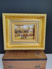 Small Autumn Farmhouse Gold Toned Wood Framed Decor Painting on Board
