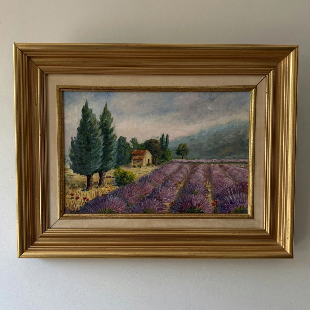 Vintage Landscape Oil Painting „Lavender Field“ Original Art