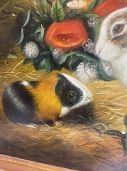 Escaped Rabbits & Guinea Pig Framed Oil On Canvas Painting Signed Byron 16x20in.