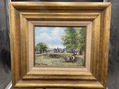 Vintage Raymond Scully (Louisiana) Rural Landscape Oil Painting Church Cows
