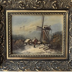 Refined Winter Landscape Oil Painting „Windmill Tower“ Authentic Small Artwork