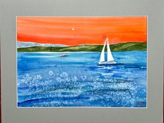 Original Watercolor Sailboat Painting – Seascape with Sunset Sky and Ocean Waves