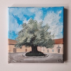 Original oil painting cityscape olive tree European city Old Town Street 8×8″