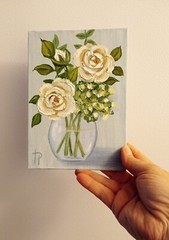 White Flowers Painting 5×7” Roses Bouqet Oil Artwork Hand Painted Wall Art