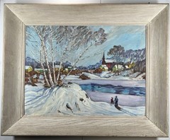 Vtg Oil On Canvas Panel Folk Art Winter Scene Father & Son Sled Riding 24×30”