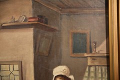 Antique Possibly American Vermeer Inspired Mother Daughter and Cat Genre Scene