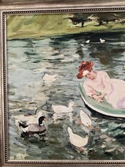 Beautiful framed Oil on canvas painting mother & daughter on the lake 33” x 37”