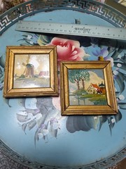 Pair 1950s Framed Hand Painted Ceramic Tiles Dutch 3.75×3.75″