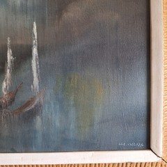 Oil Painting by Charles Obas Haitian 1927-1968 Nocturne Harbor Scene Untitled