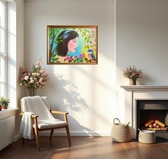 Original Oil Painting Abstract Realism Woman Garden Bird Stretched Canvas 14×18