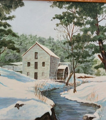 1992 Original Oil Painting on Canvas by H C KNEBEL RIVER through snowy Gristmill