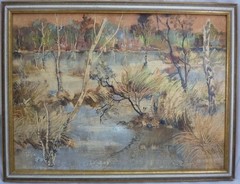 Margott Heinz * 1913 Gemälde Gewässer / Fluss Landschaft mit Bäumen 1975