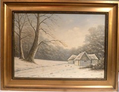 UNIDENTIFIED ARTIST! WINTER LANDSCAPE WITH COTTAGE COVERED IN SNOW