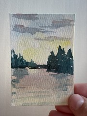 ACEO Original Watercolor Painting Sunrise Water Trees By JMJager