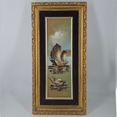 Vintage framed original painting painting on canvas sail ships signed