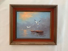 Original Oil Painting Art Hand-painted Framed Velvet Seagulls Landscape Signed