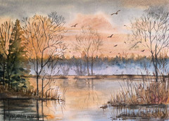 BIRDS FLYING FOGGY FOREST Bob Ross Style Original Artworks Painting MINE LAKE A4