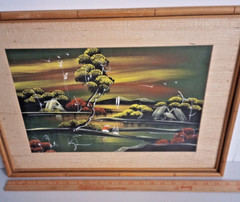 Vintage Asian Painting on Silk / Bamboo Framed w/ Weave Matting Midcentury