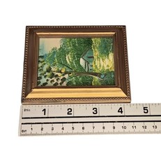 VTG Miniature Painting Barn Path & Trees In Gold Plastic Frame Blue Green Yellow