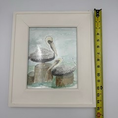 Watercolor Art Pelican Framed Signed 15×13 Original Artist Beach Cottage Decor