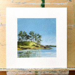 8×8 Maine Original Oil Painting Landscape Coastal Seascape Pines Rock Art Signed