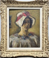 Framed Abstract Impressionist Painting Portrait Of Female In Hat European Style