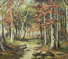 20th C. Oil Painting New England Autumn Birch Forest Hudson River School Nature