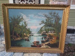 Antique Painting River Waterwheel Gristmill Men Horses 42 x 33 1/2 Oil on Canvas