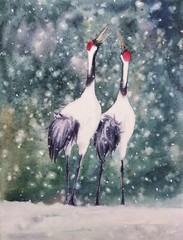 Original Watercolor Painting Loving Japanese Cranes Under Snowfall Oriental Art