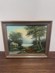 Vintage Signed Oil Painting Landscape Cabin Lake Autumn Trees Framed – Wilson