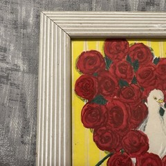 Vtg ORIGINAL Watercolor Painting White DOVES LOVE Red Roses Heart MCM Frame 8×10