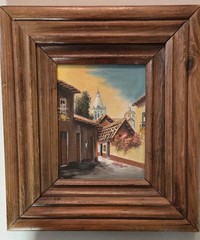 ​Vintage Colonial Village Architecture Oil Painting Tiered Wood Frame 16×18