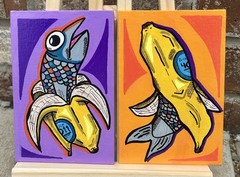 Original Painting C3DESIGNGOODS-4×6 Set of Acrylic Abstract Sardine Bananas