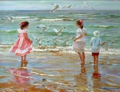 MQ1219 100% Handmade Painted Little Girls By Sea Oil Painting Canvas Wall Art