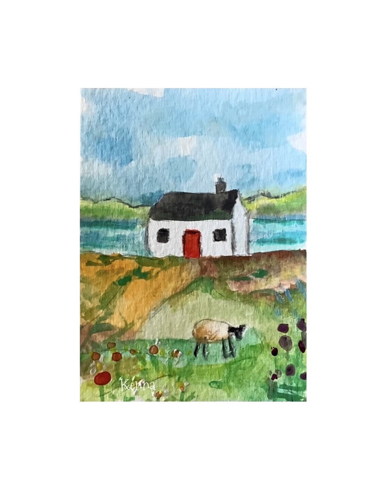 ACEO Painting HP Landscape House Sea Sheep By Kenna 2.5” X 3.5” Signed ÀTC