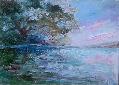 Painting „Oak on the shore“. Oil on cardboard. 5×7 inc. Handmade. 2025. Unframe