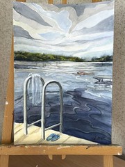 Original Watercolor Lake Landscape, Swimming Dock Painting, Summer Nature Art A4