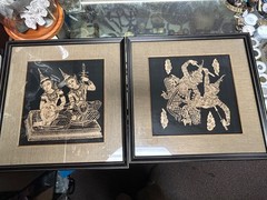 Pair of vintage mid century Thai silk paintings matted &professionally framed