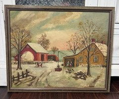 Vintage Winter Farm Landscape Oil Painting on Canvas Board Framed Farmhouse