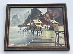 ROBERT LANDRY PAINTING NAUTICAL COASTAL LANDSCAPE Marina Port LISTED FAMOUS