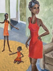 Acrylic on Canvas Women With Children, Bright Colors, Framed, Unsigned Folk Art