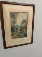 Antique Watercolor Painting Framed Landscape Stone Bridge Church England 10×13”
