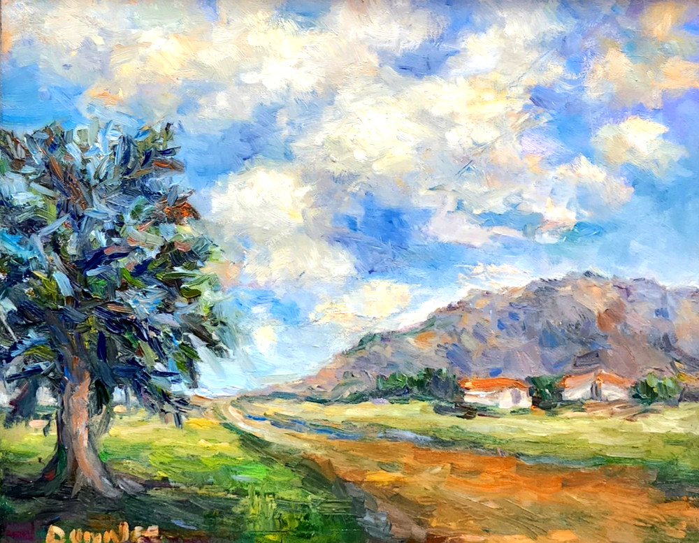 Original Oil Painting Landscape Mountains Tree Great Clouds Old Adobe – Donalee