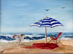 American Florida Beach Day Art Umbrella Waves Woman Nautical Decor Painting