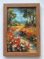 Original Oil Painting in Frame Path Flowers Summer Mood Miniature 6x4in