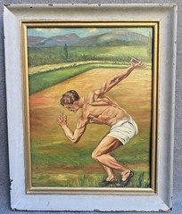 Antique french oil painting framed dated 1941 sport Olympics
