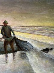 Antique Painting Wpa Regionalism Beach Fisherman Sunset Evening Coastal Sea Oil