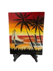 Docteur Haitian Artist Painting Vintage Signed Tropical Scene Sunset Folk Art