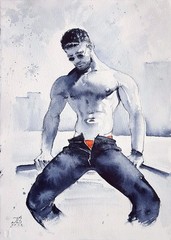 Art Gay Erotic Watercolor „Man on the background of the city “ 13,8 -9,8in.