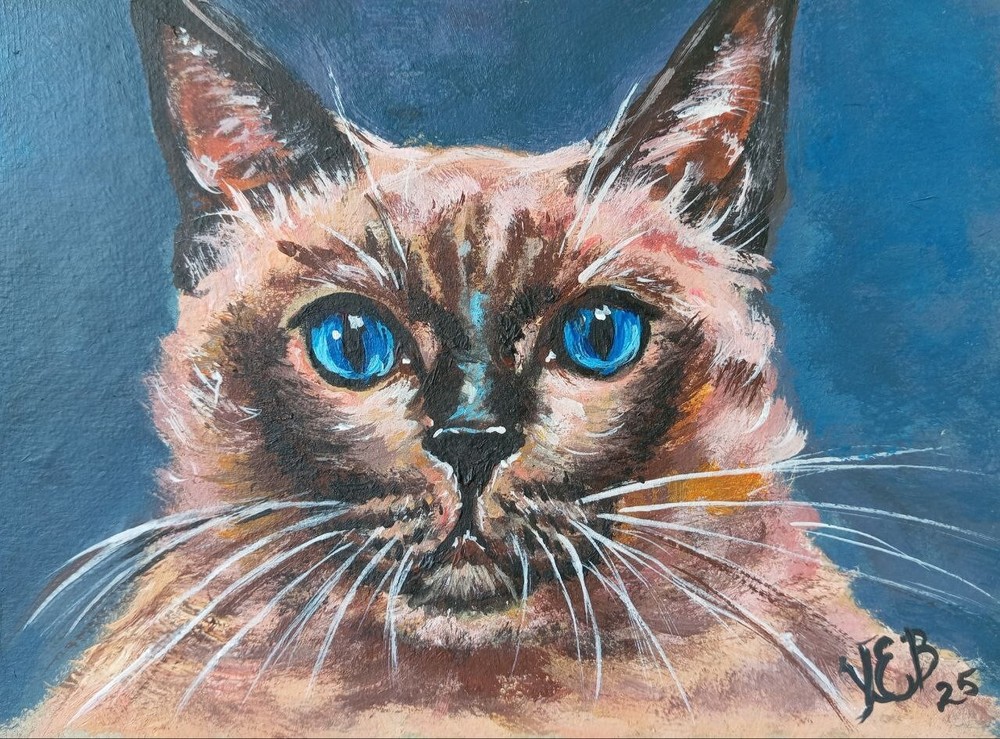 Siamese Cat Original Acrylic Painting Kitty Portrait Pet 6×8 Inch